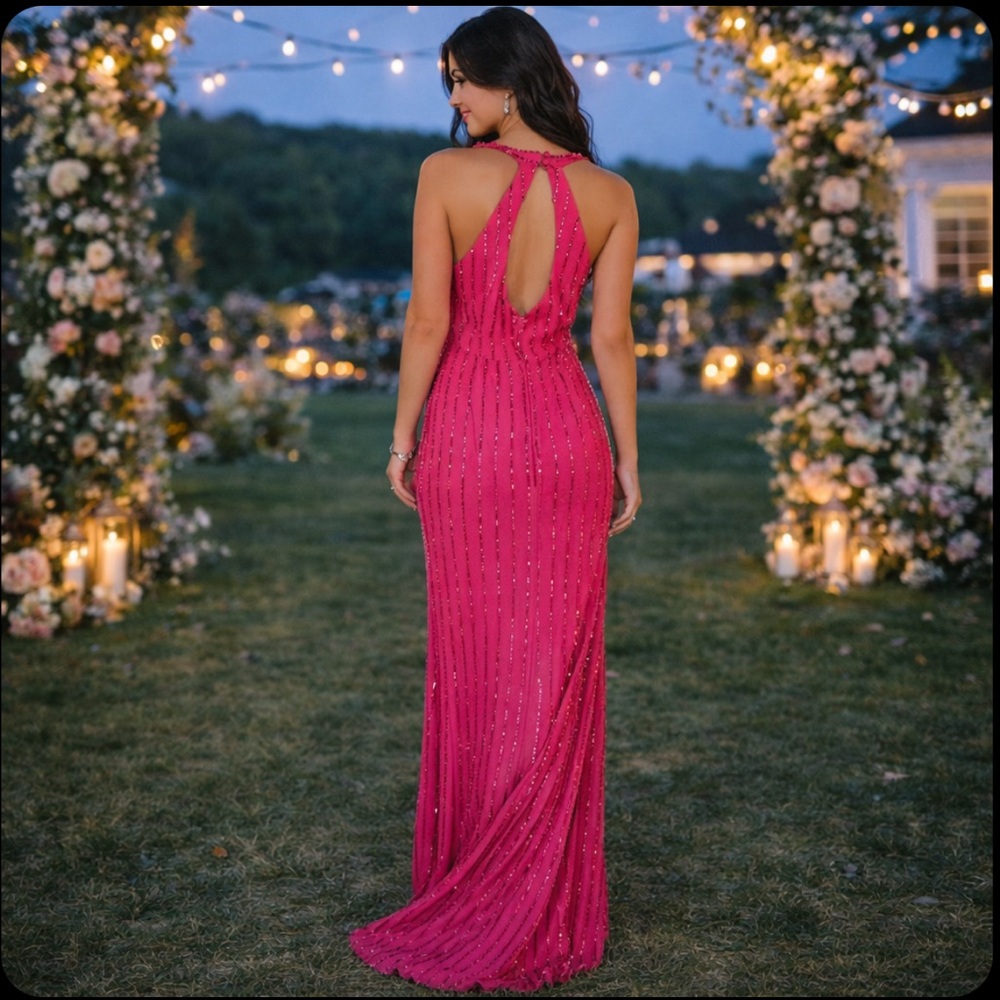 Hot Pink Floral Sequined Prom Gown - Picture 2 of 16